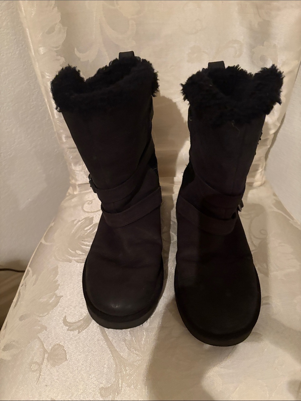 Women’s UGG Becket II Black Leather Triple Buckle Moto Boots Sz 8 S/N 1013856